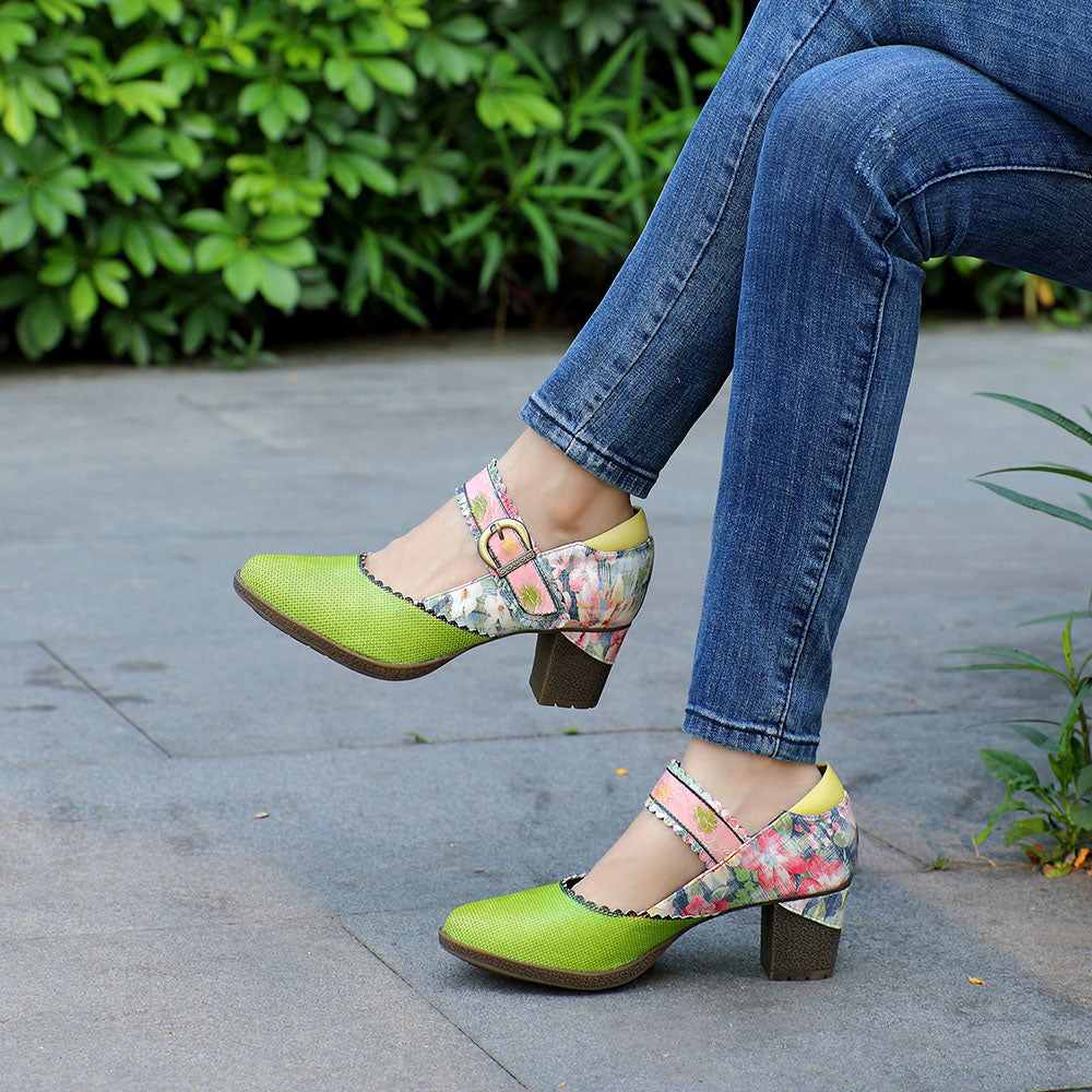 Spring Heels Dress Shoes Party Round Toe Elegant Cowhide Loafer Green Pumps