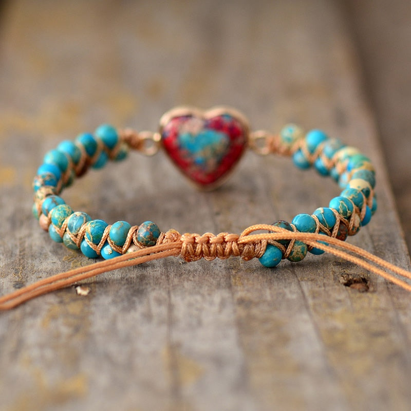 Natural Jasper Stone Heart Charm Wrap Bracelet