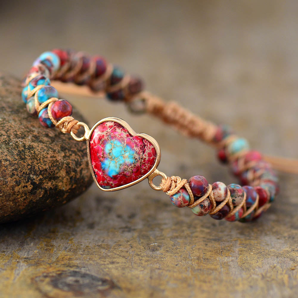 Natural Jasper Stone Heart Charm Wrap Bracelet