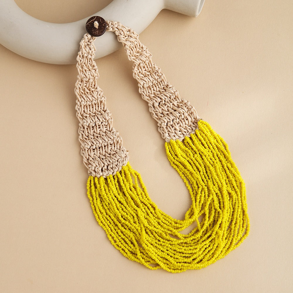 Hand Woven Layered Wax Rope Rice Bead Necklace