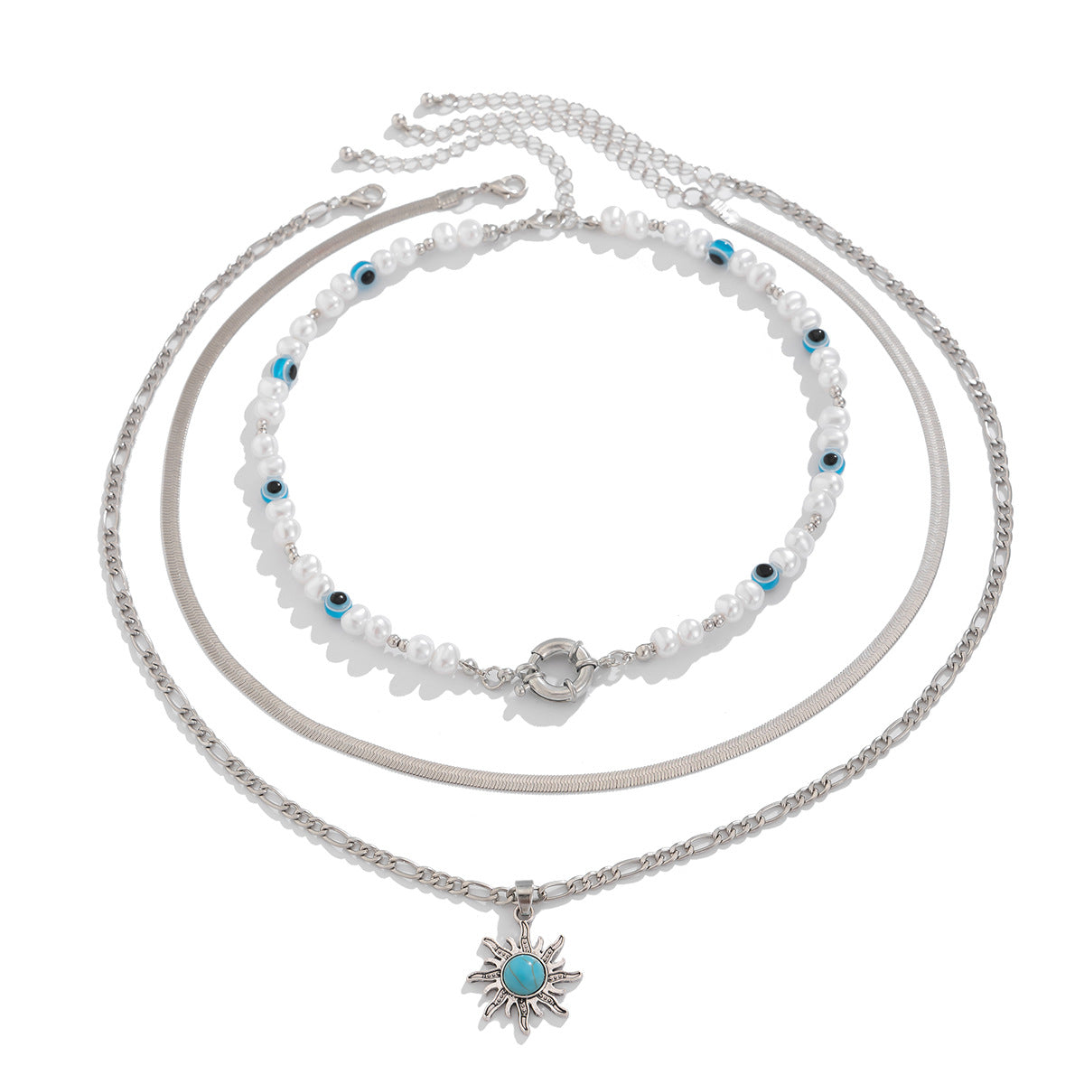 Pearl Beads Necklaces Turquoise Sunburst Silver Pendant Set