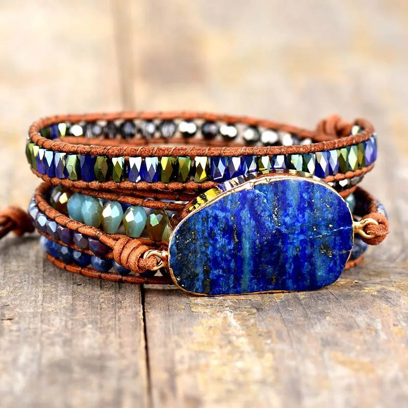 Lapis Lazuli Layered Leather & Stone Wrap Bracelet