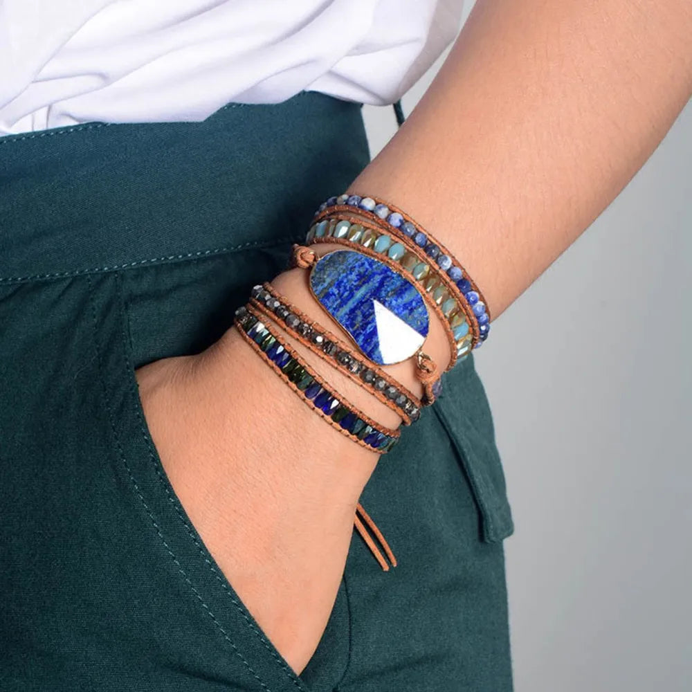 Lapis Lazuli Layered Leather & Stone Wrap Bracelet