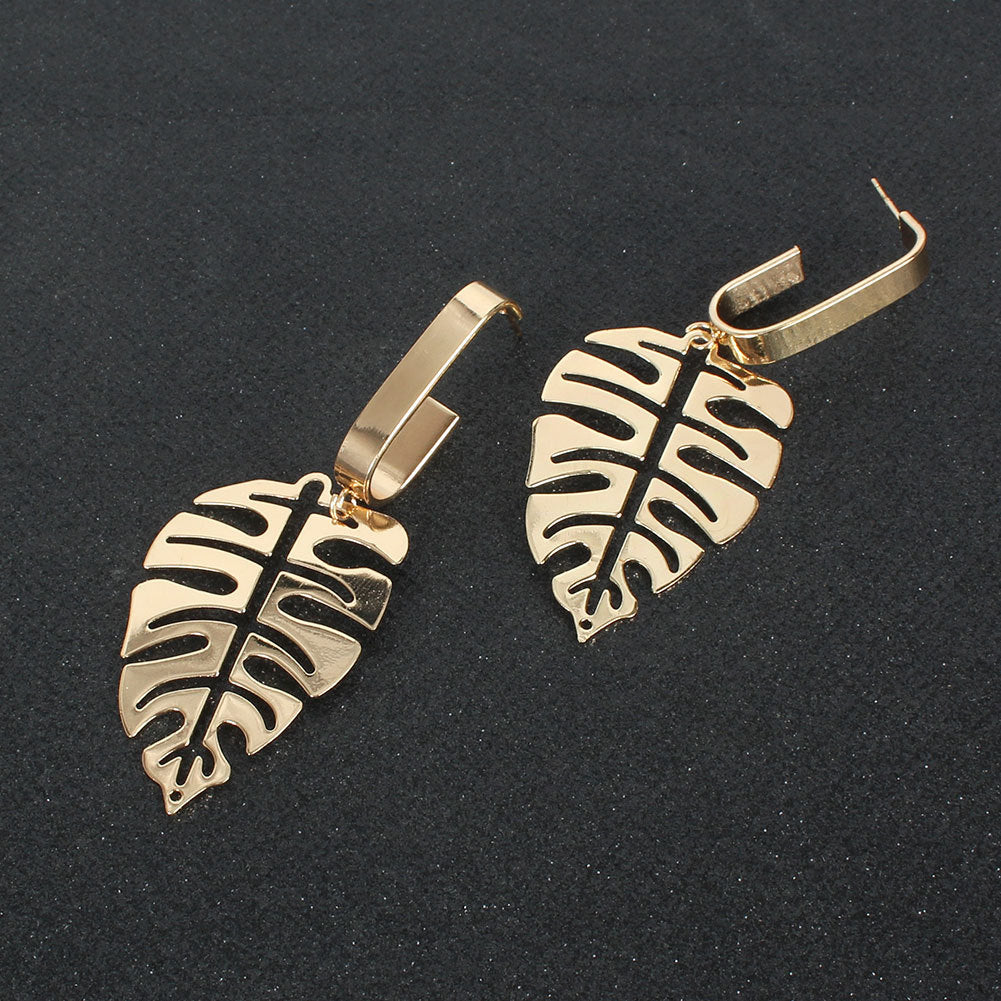 Long Golden Monstera Leaf Earrings