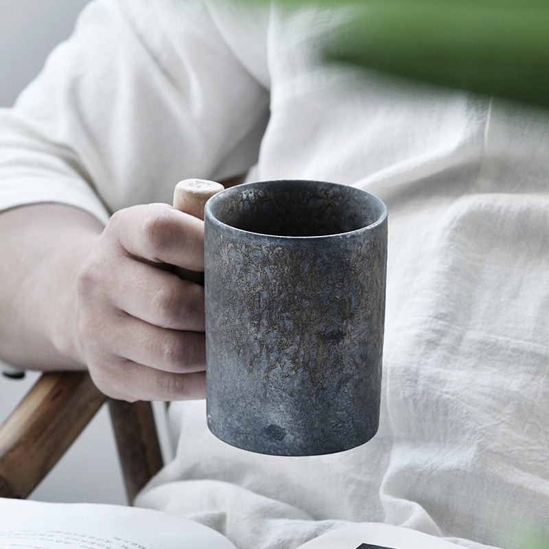 Handmade Rustic Ceramic Mug with Wood Handle