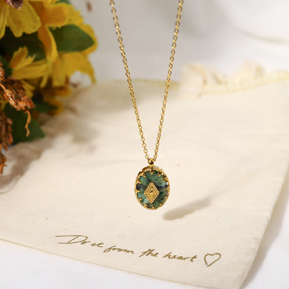 Oval Gemstone Pendant on Gold Chain Necklace