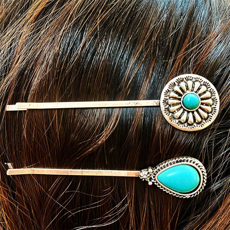 Natural Turquoise Antique Silver Alloy Flower Hair Pins