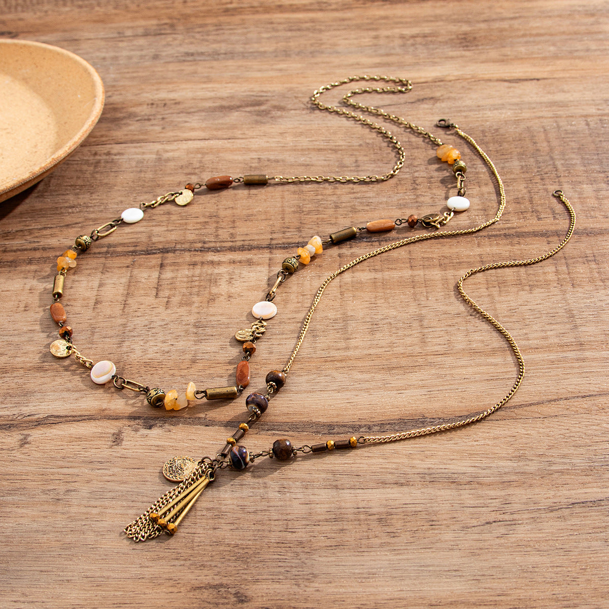 Mixed Gemstone Antique Bronze Layered Necklace Set