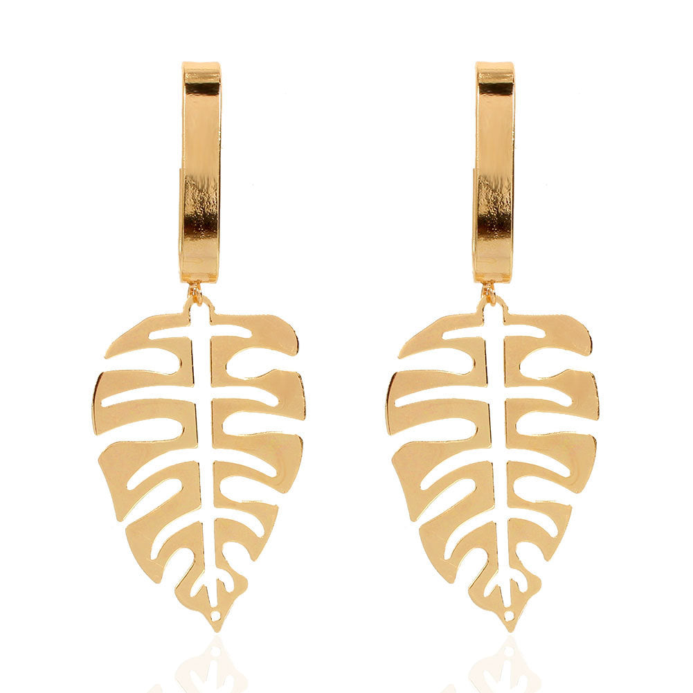 Long Golden Monstera Leaf Earrings