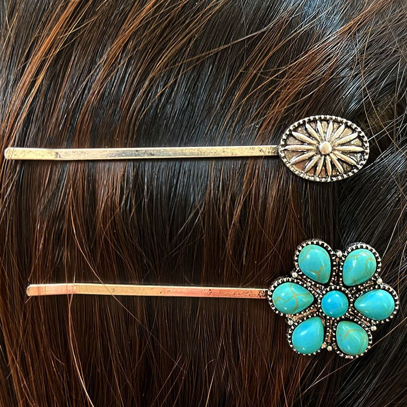 Natural Turquoise Antique Silver Alloy Flower Hair Pins