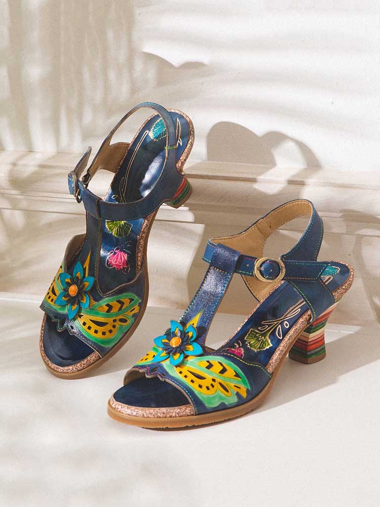 Retro Handmade Colored Stripe Heel Comfy Sandals