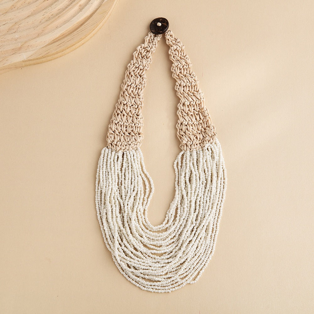 Hand Woven Layered Wax Rope Rice Bead Necklace