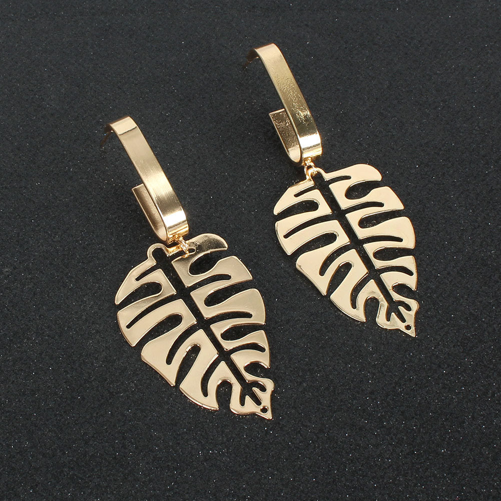 Long Golden Monstera Leaf Earrings