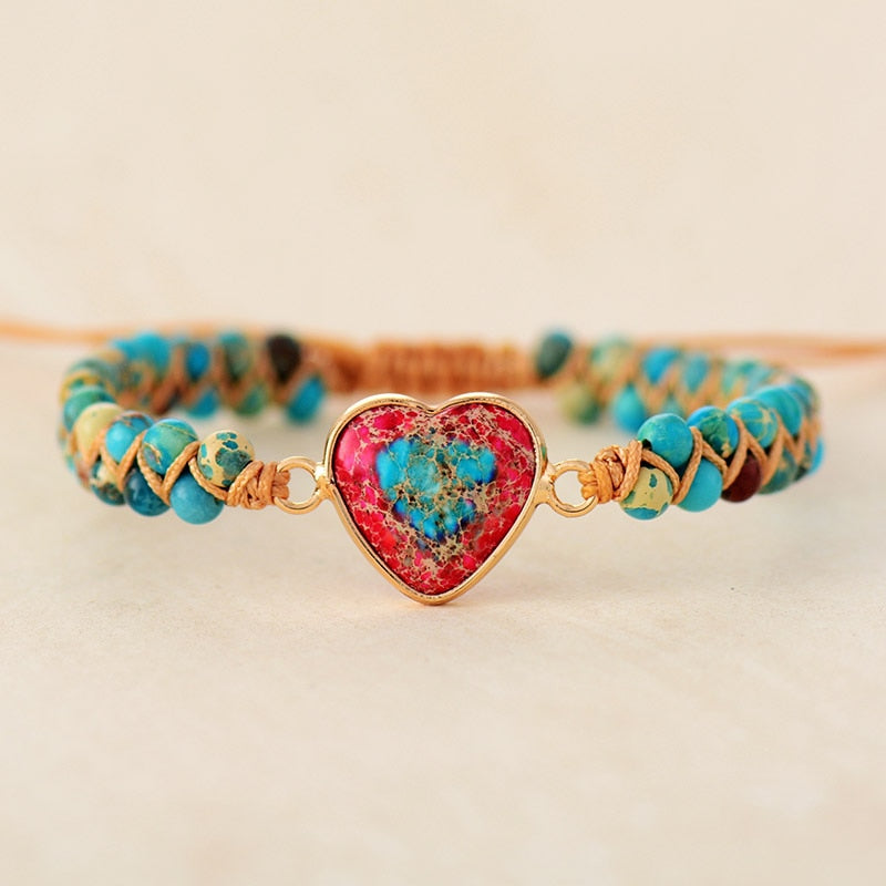 Natural Jasper Stone Heart Charm Wrap Bracelet