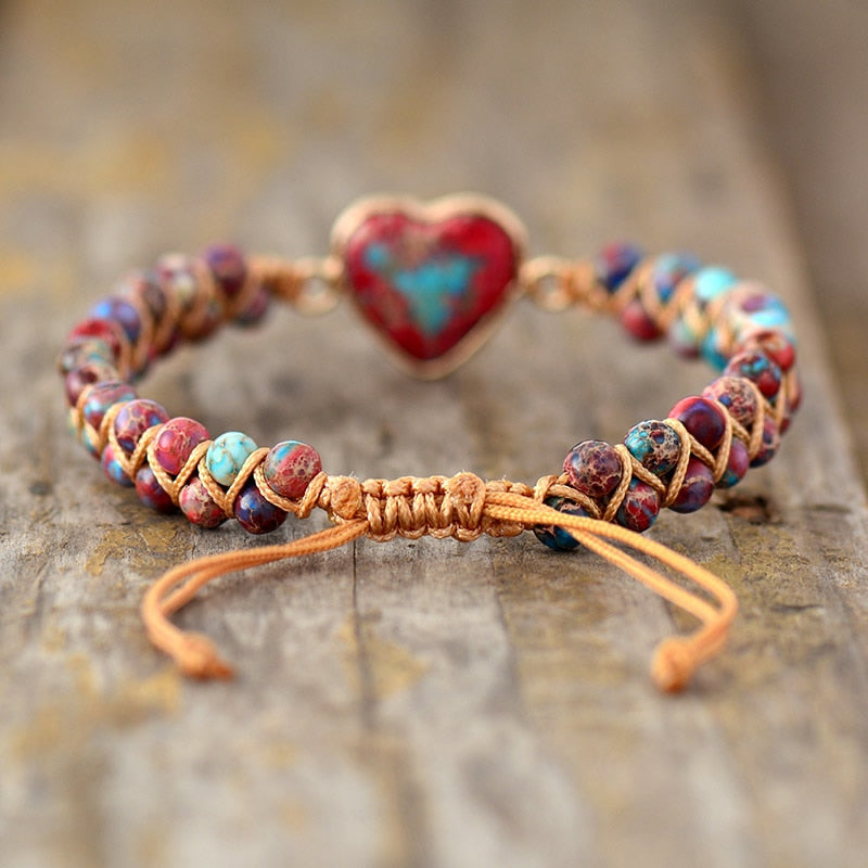 Natural Jasper Stone Heart Charm Wrap Bracelet