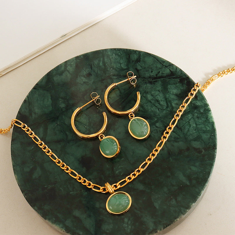 Natural Green Agate Pendant Necklace & Earrings Set