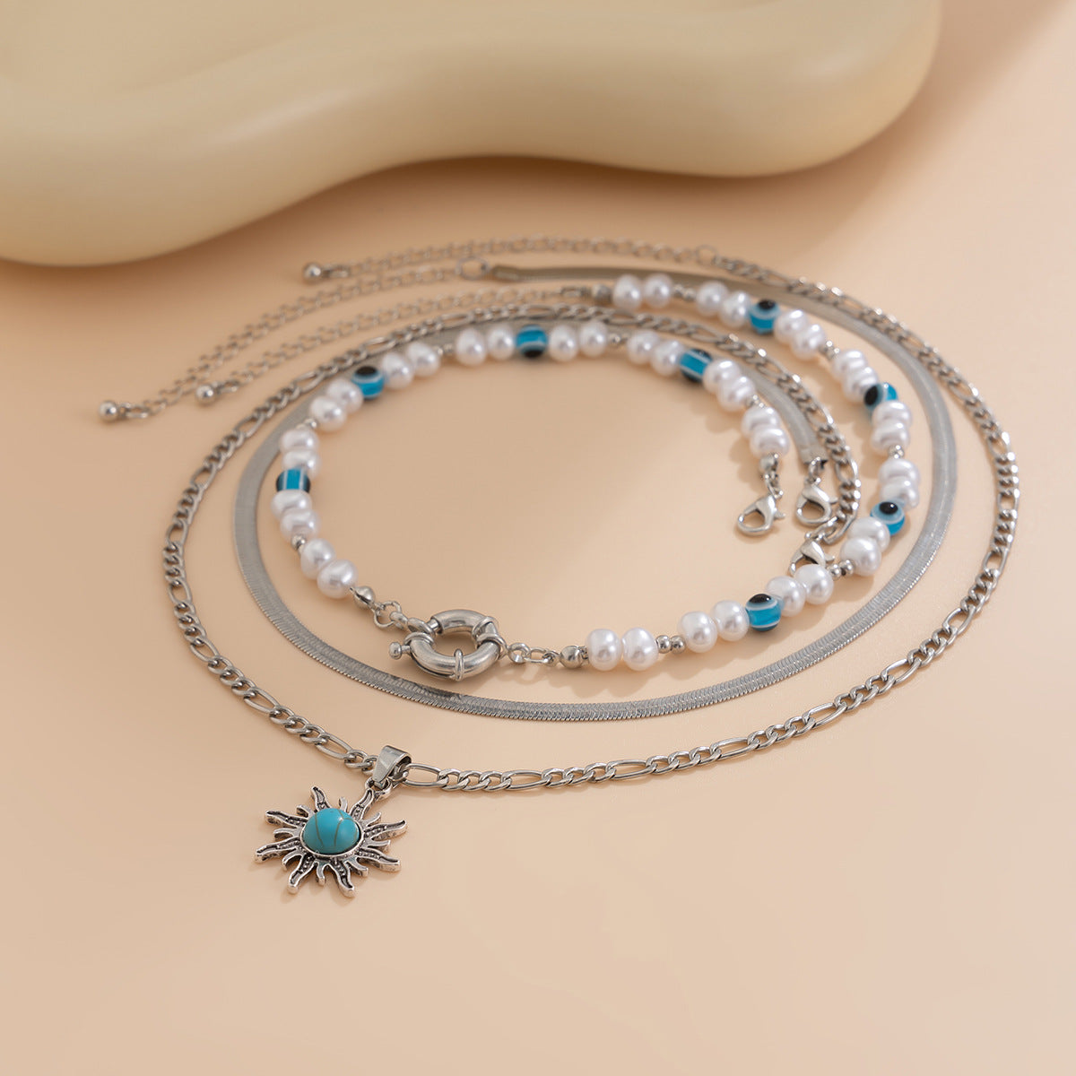 Pearl Beads Necklaces Turquoise Sunburst Silver Pendant Set
