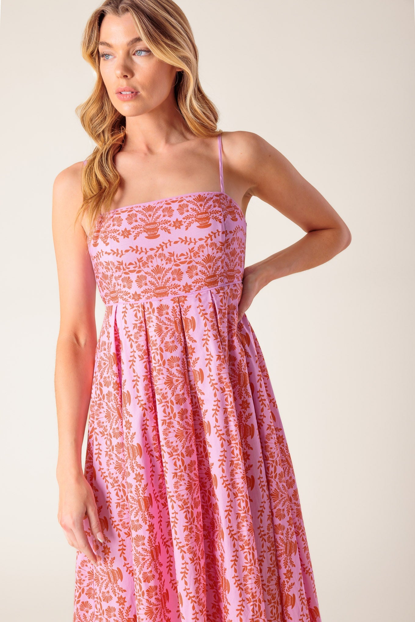 The Evette Pink Woven Midi Dress