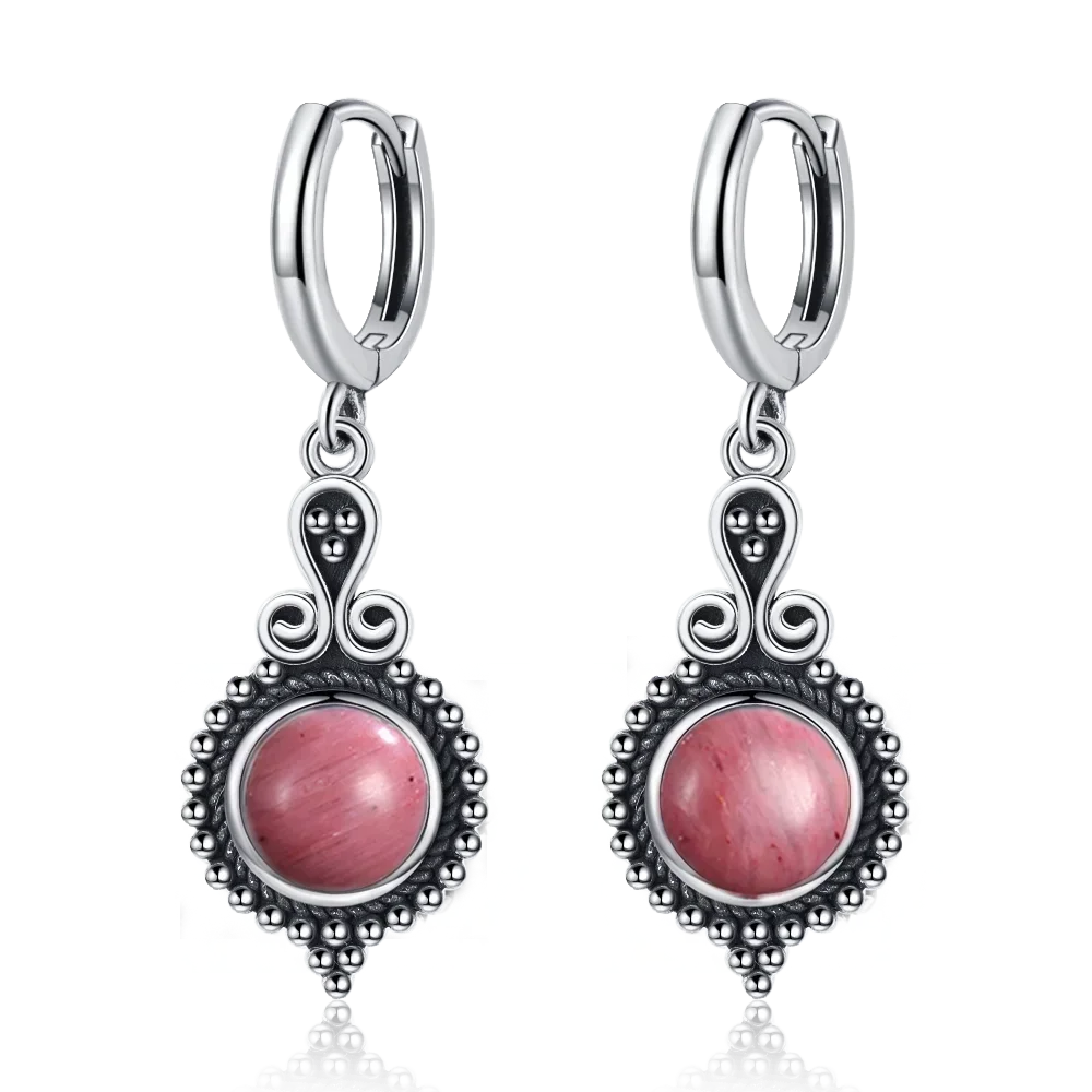 925 Sterling Silver Natural Stone Drop Earrings Vintage Hoops