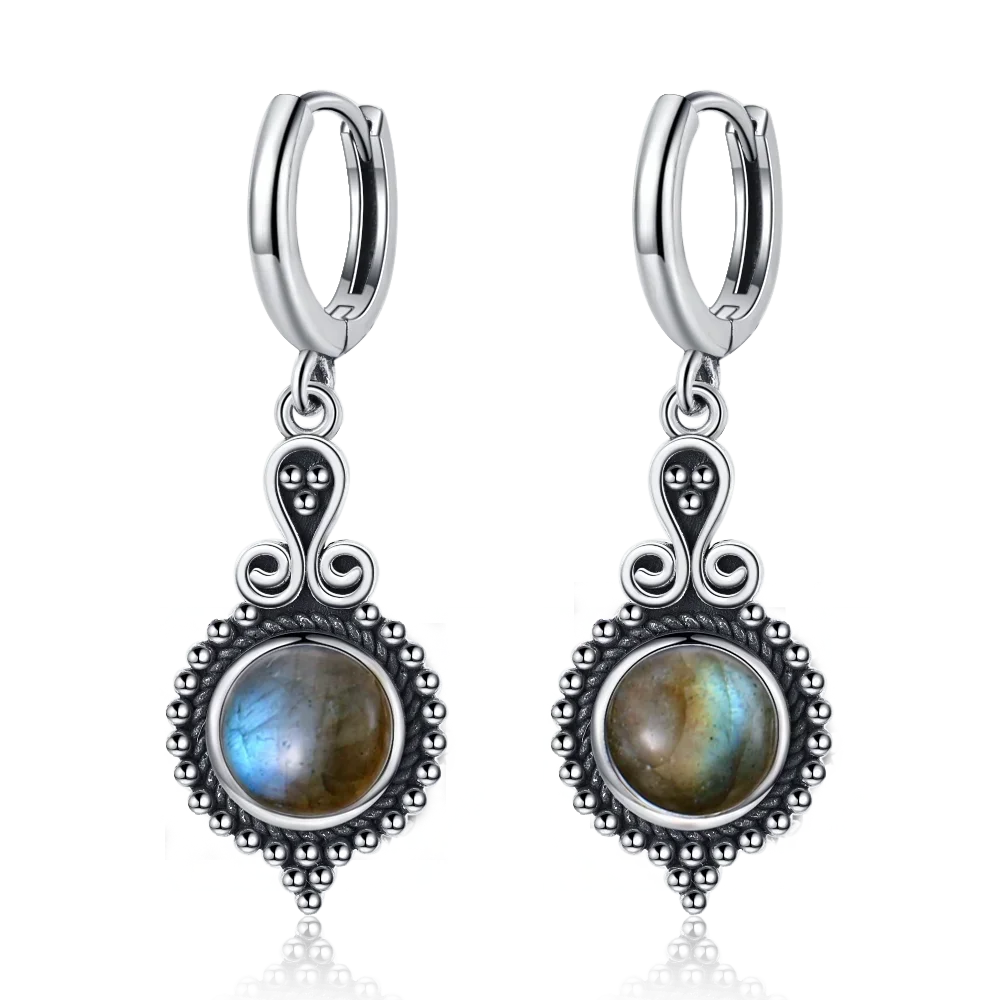 925 Sterling Silver Natural Stone Drop Earrings Vintage Hoops