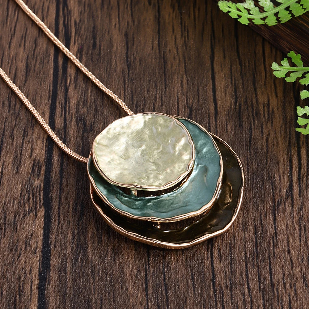 Oil Drip Round Pendant Necklace and Earrings Jewelry Set