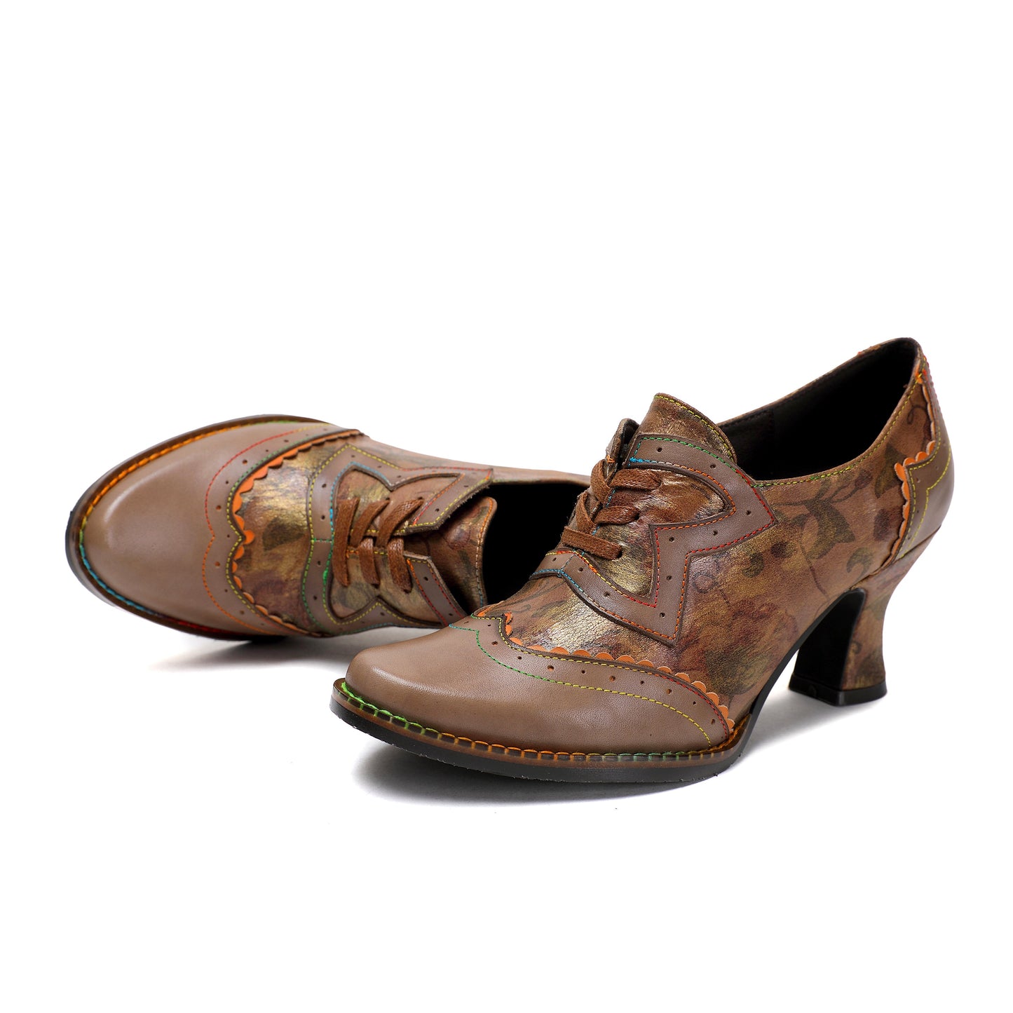 Vintage Inspired Floral Kitten Heel Round Toe Elegant Premium Leather Shoes