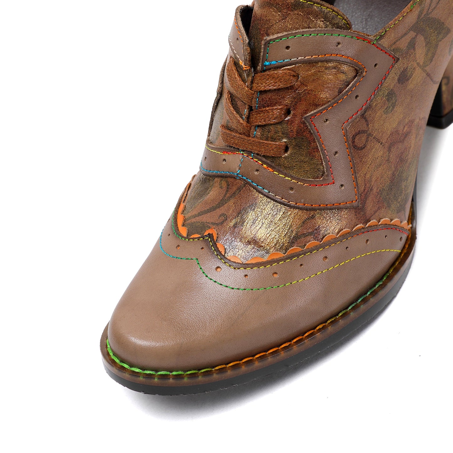 Vintage Inspired Floral Kitten Heel Round Toe Elegant Premium Leather Shoes