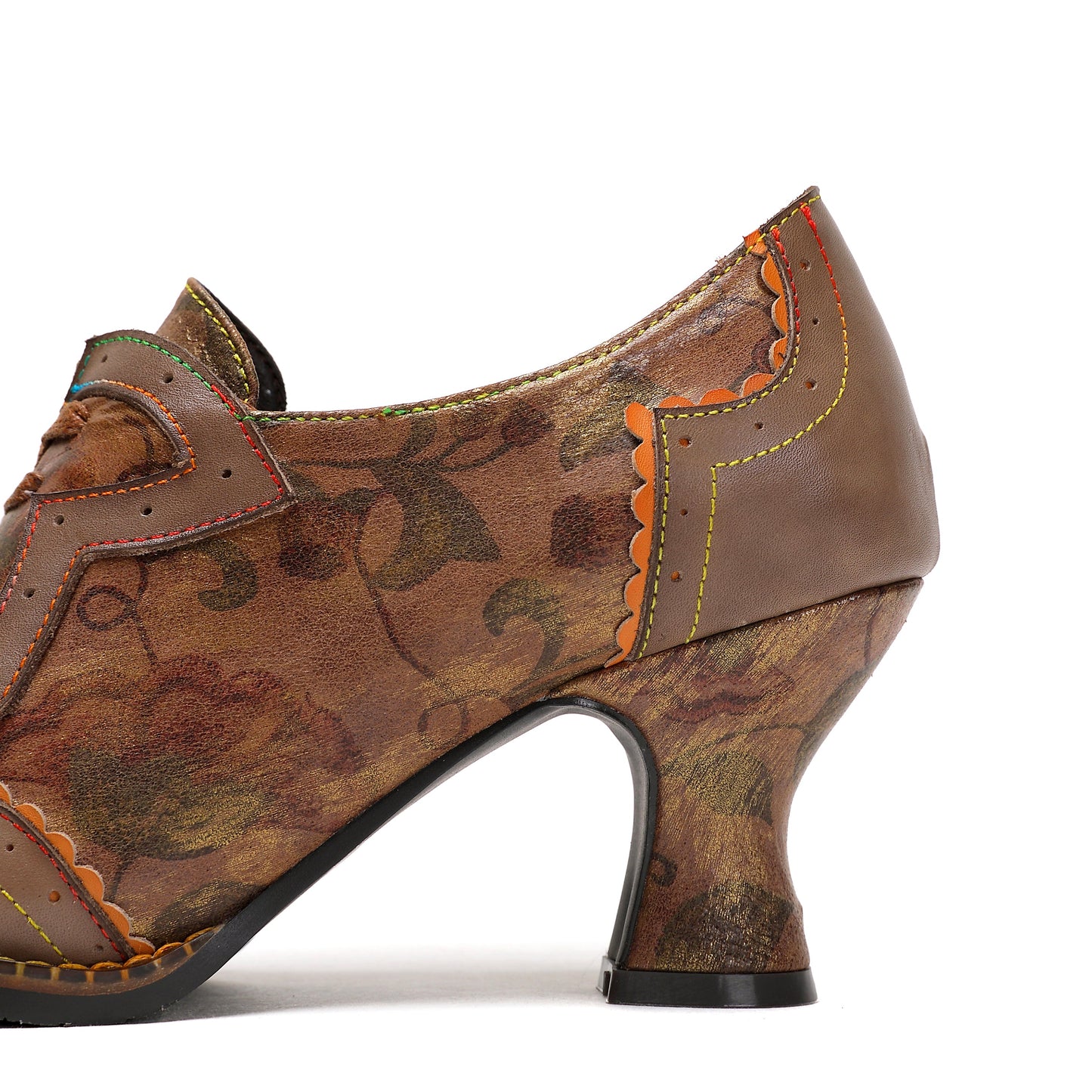 Vintage Inspired Floral Kitten Heel Round Toe Elegant Premium Leather Shoes