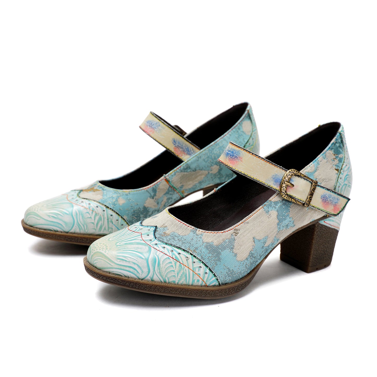 Vintage Leather Buckle Light Blue Pumps