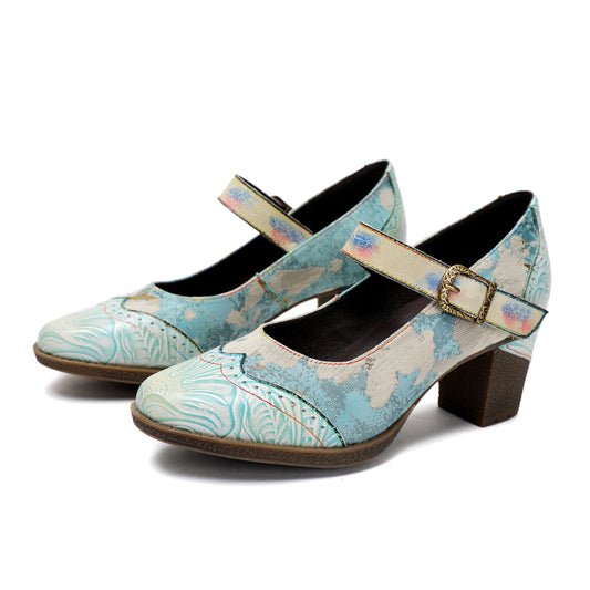 Vintage Leather Buckle Light Blue Pumps