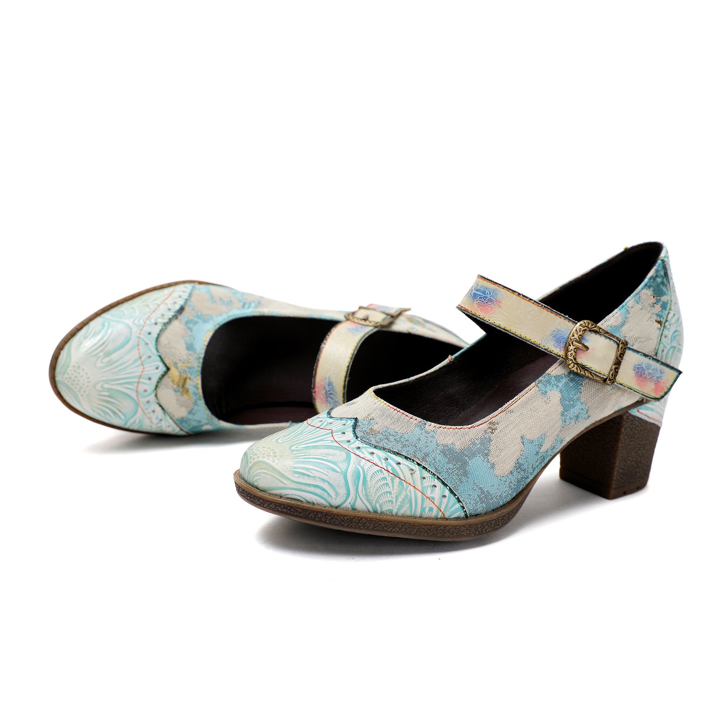 Vintage Leather Buckle Light Blue Pumps