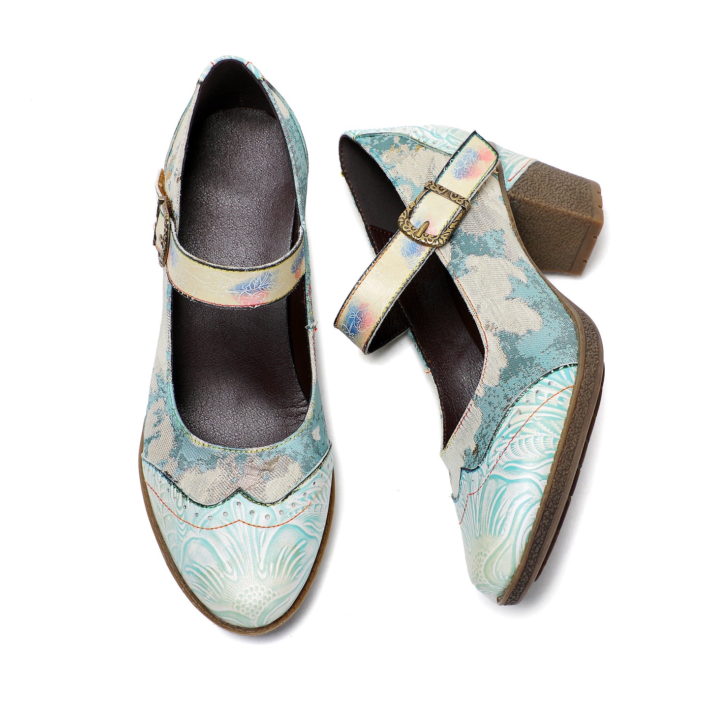 Vintage Leather Buckle Light Blue Pumps