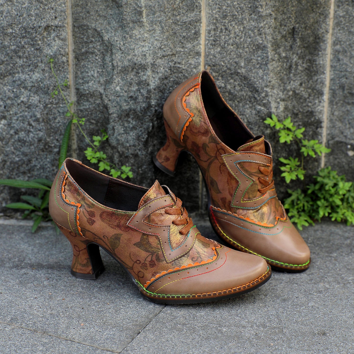 Vintage Inspired Floral Kitten Heel Round Toe Elegant Premium Leather Shoes