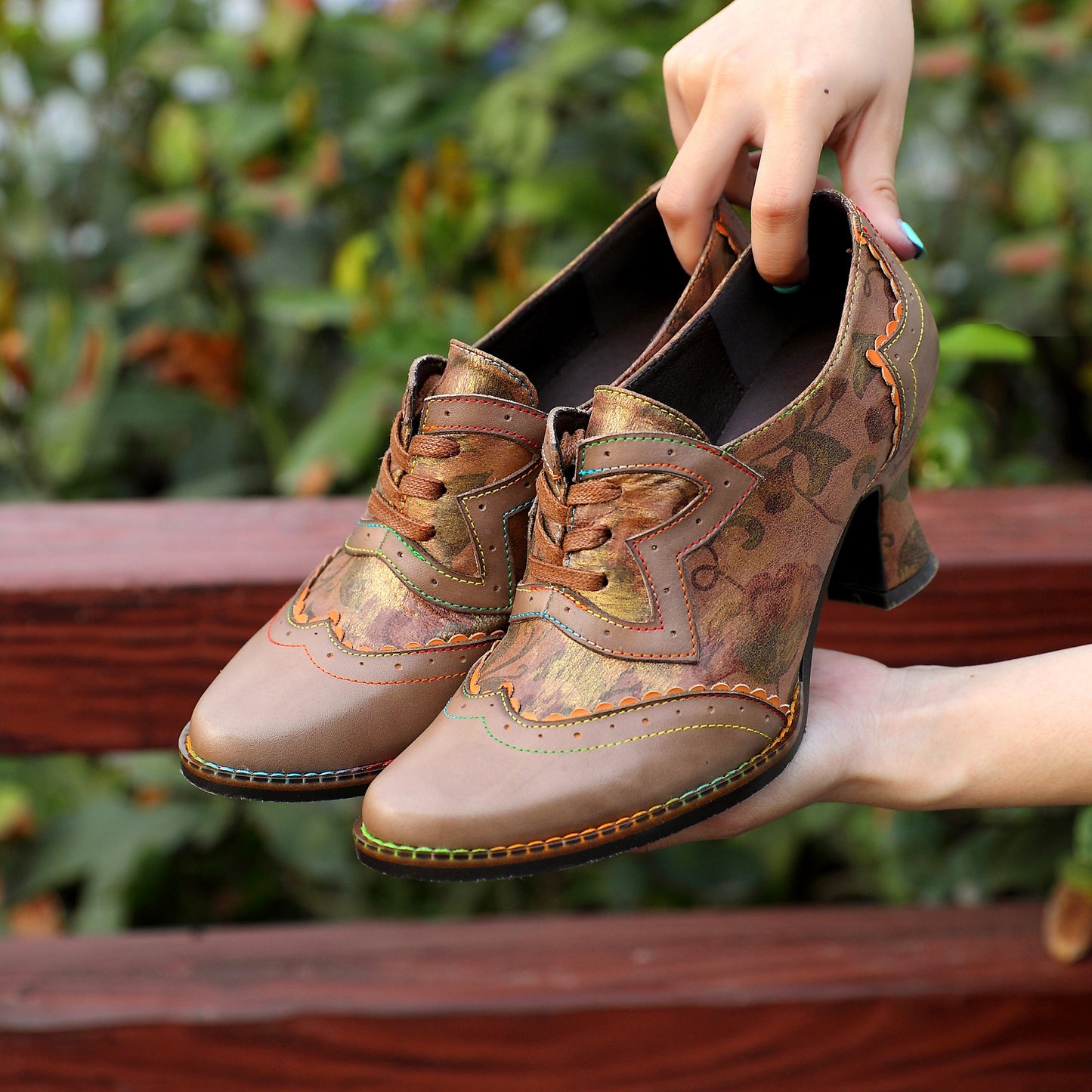 Vintage Inspired Floral Kitten Heel Round Toe Elegant Premium Leather Shoes