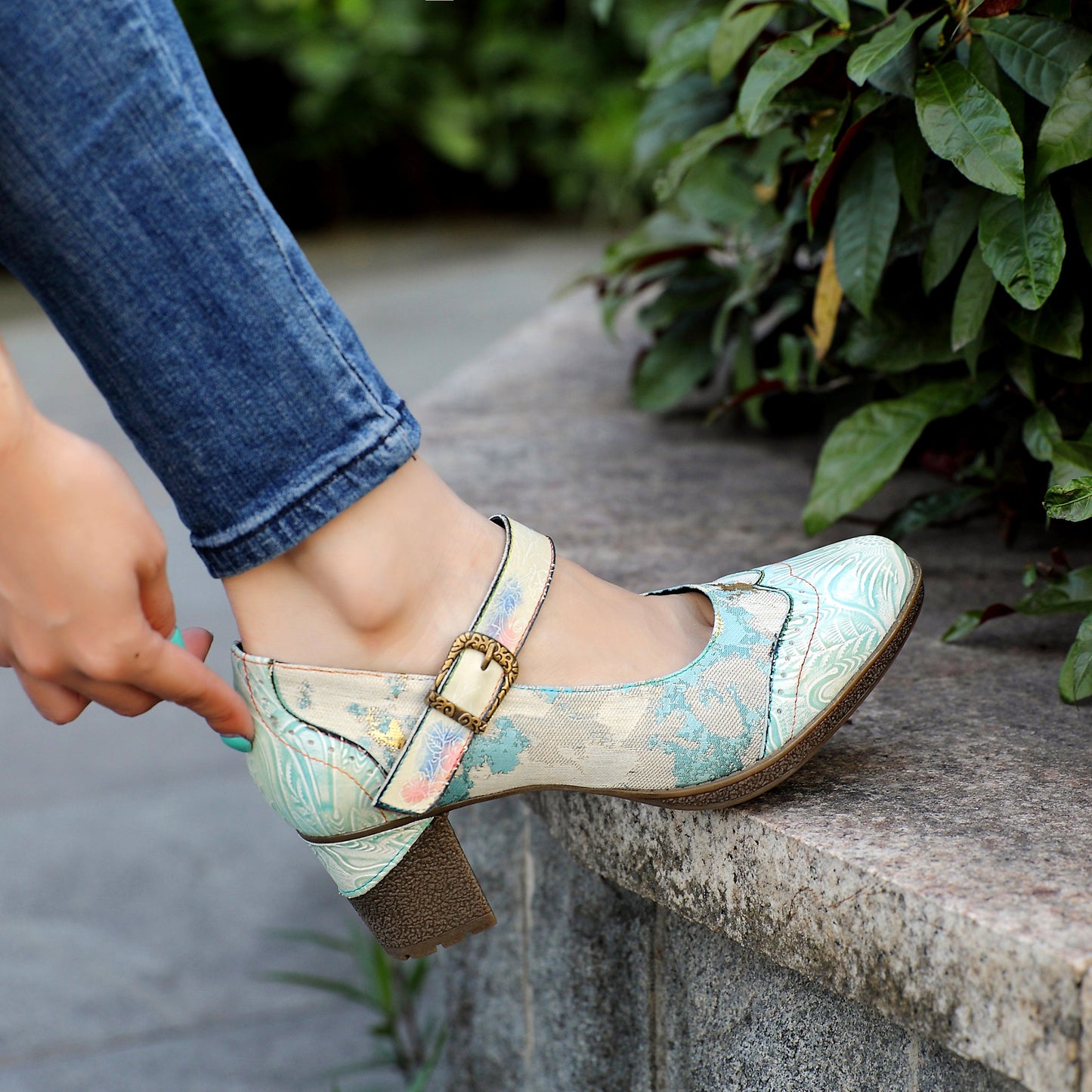 Vintage Leather Buckle Light Blue Pumps
