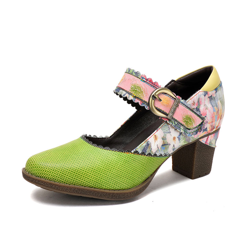 Spring Heels Dress Shoes Party Round Toe Elegant Cowhide Loafer Green Pumps