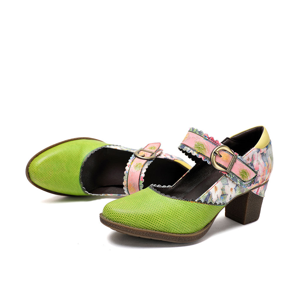 Spring Heels Dress Shoes Party Round Toe Elegant Cowhide Loafer Green Pumps