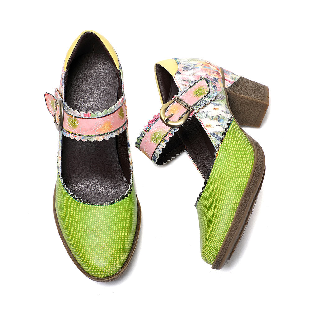 Spring Heels Dress Shoes Party Round Toe Elegant Cowhide Loafer Green Pumps