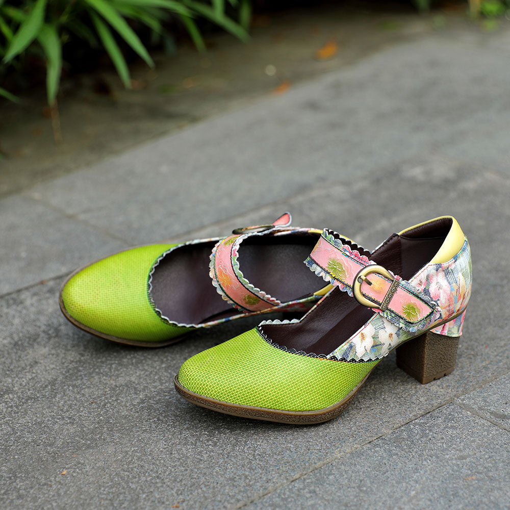 Spring Heels Dress Shoes Party Round Toe Elegant Cowhide Loafer Green Pumps