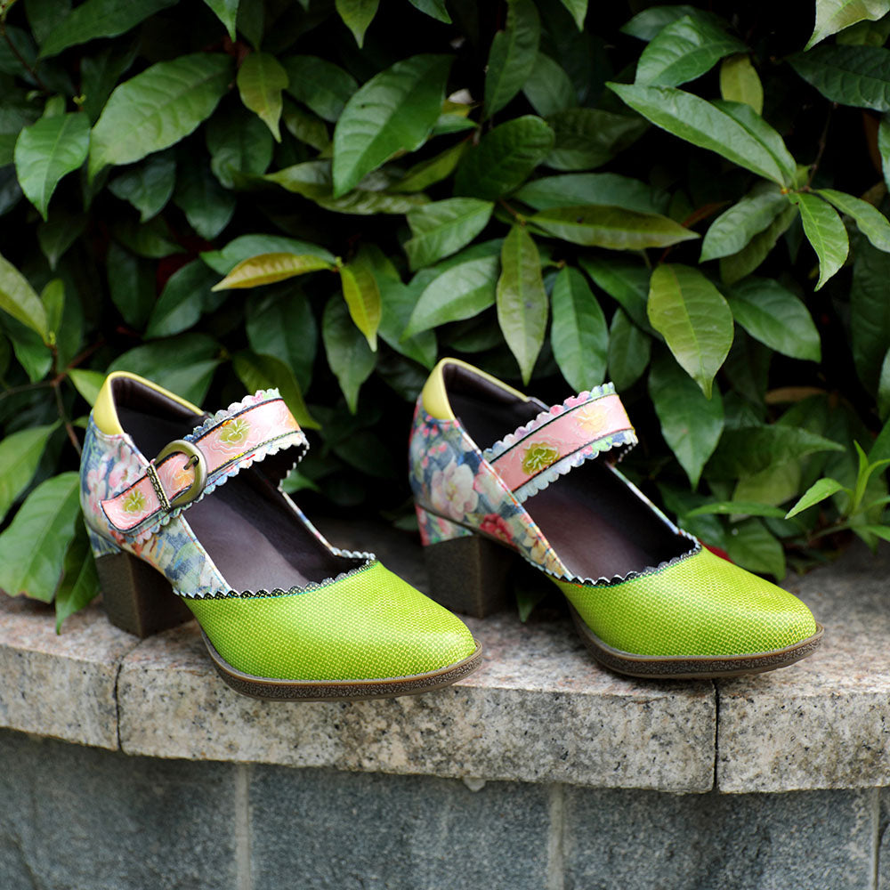 Spring Heels Dress Shoes Party Round Toe Elegant Cowhide Loafer Green Pumps