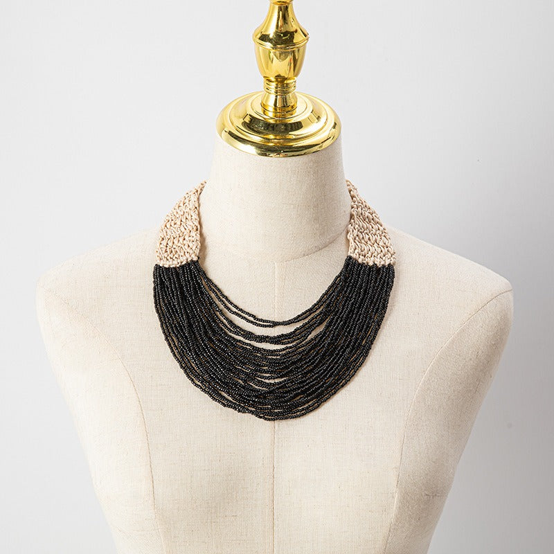 Hand Woven Layered Wax Rope Rice Bead Necklace