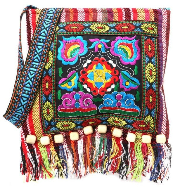 Vintage Embroidered Chinese Messenger Bag w/Tassels & Beads
