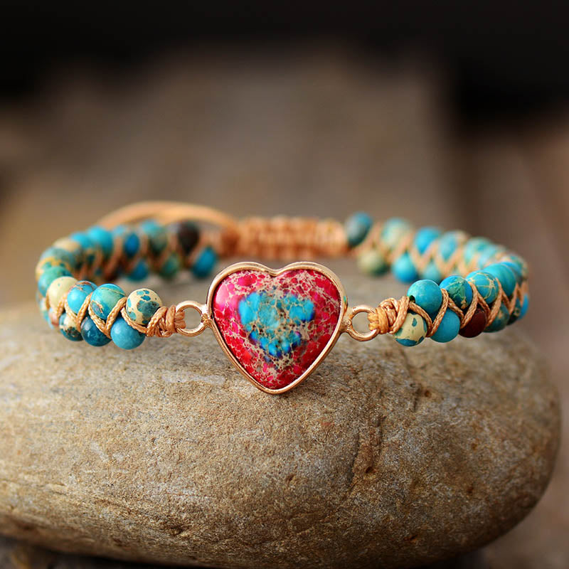Natural Jasper Stone Heart Charm Wrap Bracelet