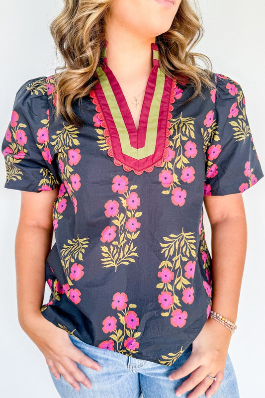 Black  Floral Print Ricrac Striped Trim Short Sleeve Cotton Blouse