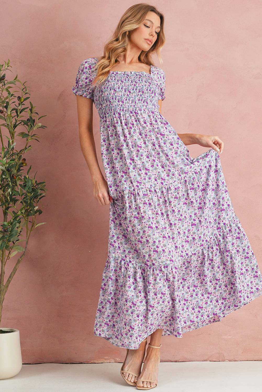 Pink Floral Short Bubble Sleeve Shirred High Waist Maxi Dress