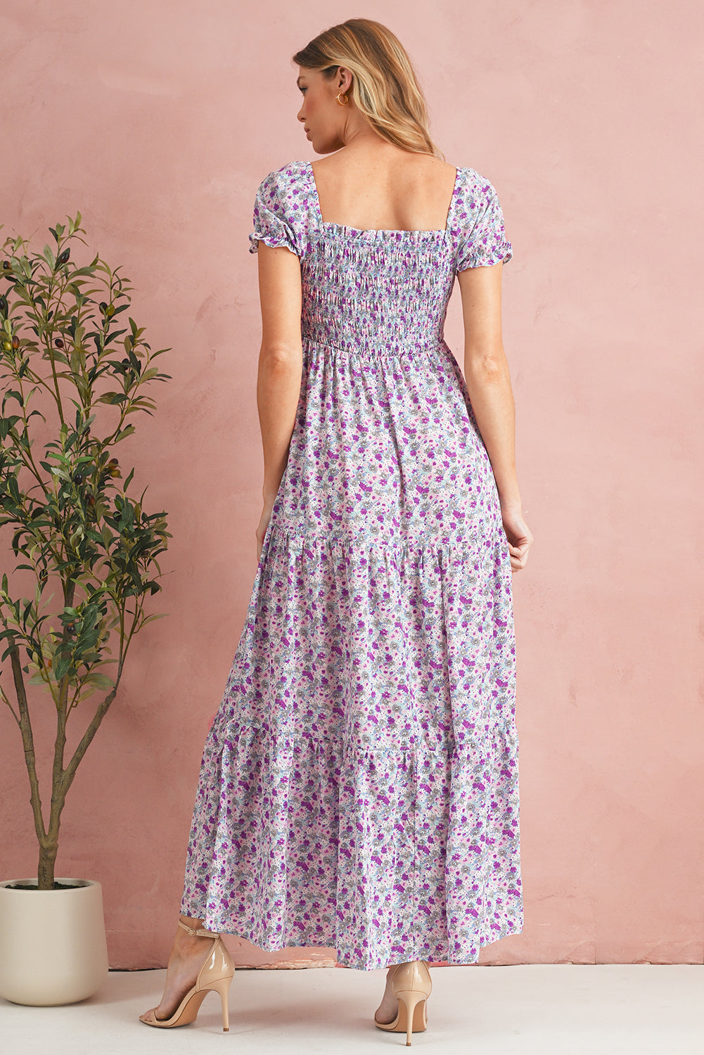 Pink Floral Short Bubble Sleeve Shirred High Waist Maxi Dress