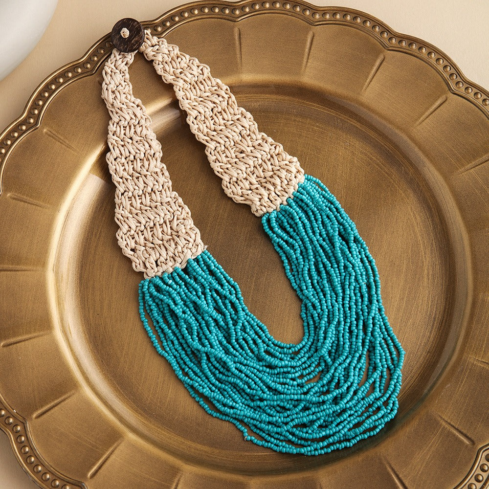 Hand Woven Layered Wax Rope Rice Bead Necklace