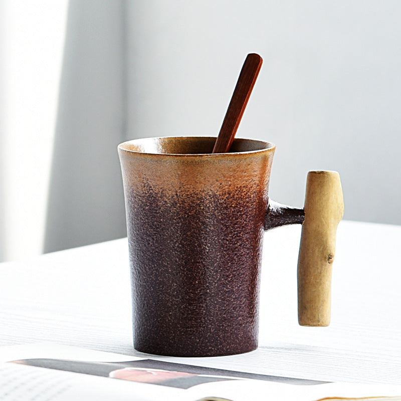 Handmade Rustic Ceramic Mug with Wood Handle