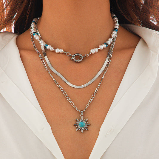 Pearl Beads Necklaces Turquoise Sunburst Silver Pendant Set