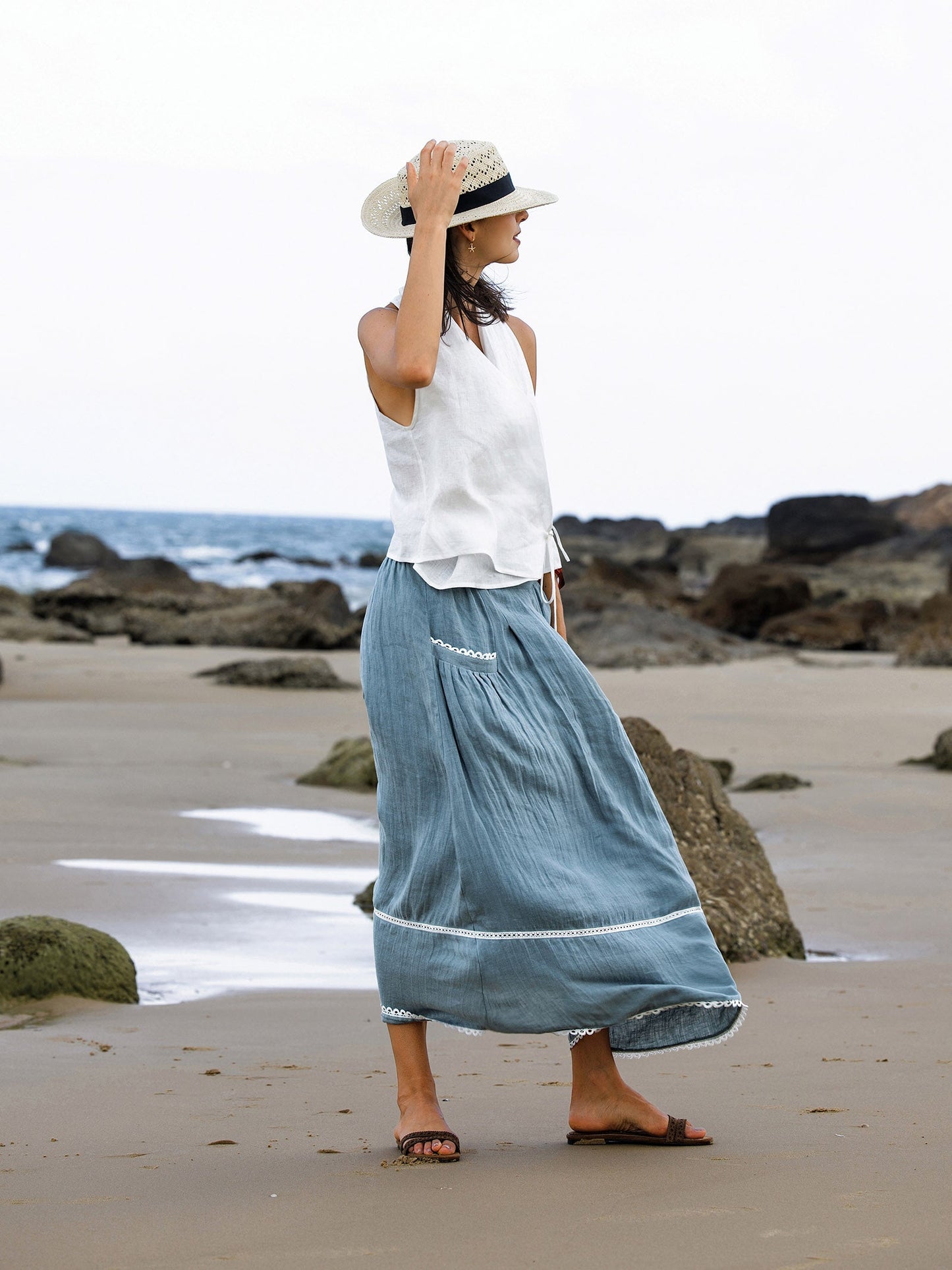 Linen Lace-up Pocket Skirt